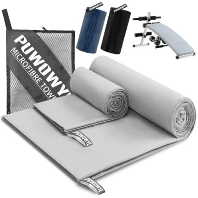 Abbildung von PUWOWYE Mikrofaser Handtuch 2er Set, 160x80cm Groß Badetuch + 80x40cm Klein Handtuch, Schnelltrocknend Handtücher Set für Sport, Fitness, Sauna, Strand, Reise und Outdoor