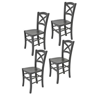 Abbildung von Tommychairs 4er Set Stühle Cross für Küche und Esszimmer, robuste Struktur aus lackiertem Buchenholz im Farbton Dunkelgrau Sitzfläche Holz in der Farbe