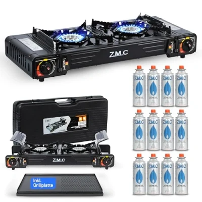 Abbildung von Z.M.C Premium Camping Gaskocher 2 flammig + Grillplatte 12 Gaskartuschen 227g, Campingkocher mit Transportkoffer für Outdoor und Innenraum, Balkon Tisch Doppelgaskocher Piezozündung