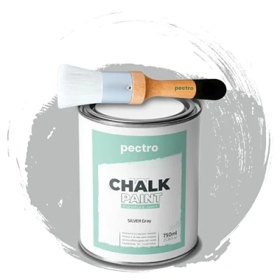 Abbildung von PACK Kreidefarbe für möbel 750ml + Malerpinsel speziell Chalk Paint Möbellack Natürlicher Kreideeffekt Farbe Holz (Silbergrau)