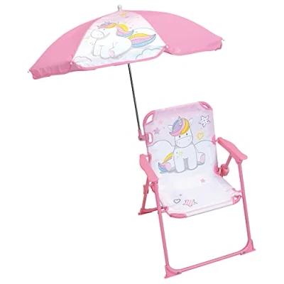 Abbildung von Fun House Licorne Klappstuhl für Camping, mit Sonnenschirm, Maße: H 38,5 x B T 37,5 cm + Sonnenschirm Ø 65 cm, Kinder, Rosa