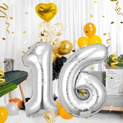 Abbildung von 16 Geburtstag Deko zahlen luftballon jahre Folienballon Sliber für 16. Geburtstagsdeko Männer Frauen Ballon Zahl zum fliegt mit Helium 16.Geburtstagsparty 40&quot; 101cm