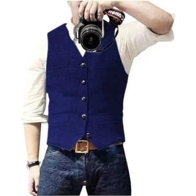 Abbildung von Solovedress Herren Casual Wolle Fischgrätmuster Anzug Weste V Ausschnitt Tweed für Hochzeit Groomsmen(Königsblau,XXXL