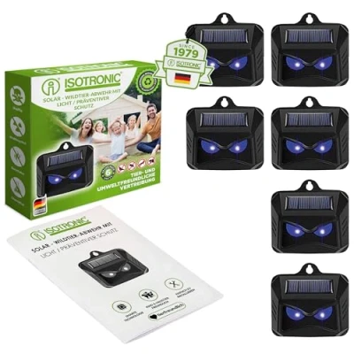 Abbildung von ISOTRONIC Solar Tiervertreiber gegen Wildtiere wie Waschbären, Rehe, Füchse, Wildschweine u.v.m. 6X effektive Tierabwehr mit blauem LED Licht