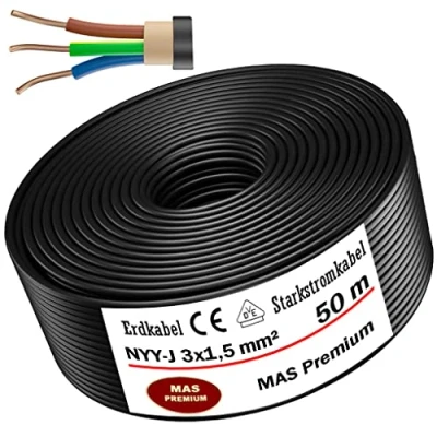 Abbildung von MAS Premium Erdkabel Deutscher Marken Elektrokabel Ring zur Verlegung im Erd und Außenbereich Standard Starkstromkabel (NYY J 3x1,5 mm², 50m)