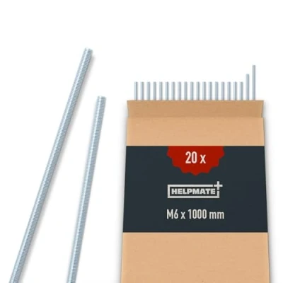 Abbildung von HELPMATE Gewindestange M6 x 1000 mm aus verzinktem Stahl 20 Stück Gewindestab mit metrischem Vollgewinde Gewindestift Festigkeitsklasse 4.8, DIN 976