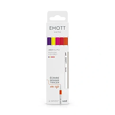 Abbildung von Uni Ball Emott Mitsubishi Pencil 5 Filzstifte Passion Colors zum Schreiben, Zeichnen, Zeichnen mit Stil! feine Spitze 0,4 mm Rot, Fuchsia, Rosa, Zitronengelb, Dunkelorange