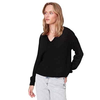 Abbildung von Trendyol Damen Einfarbiger Pullover mit V Ausschnitt Sweatshirt, Schwarz, 36