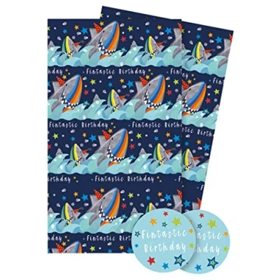 Abbildung von Abacus Cards Geschenkpapier 12621A Geburtstagshaie Set mit 2 Bögen und Etiketten, plastikfrei vollständig recycelbar, mehrfarbig