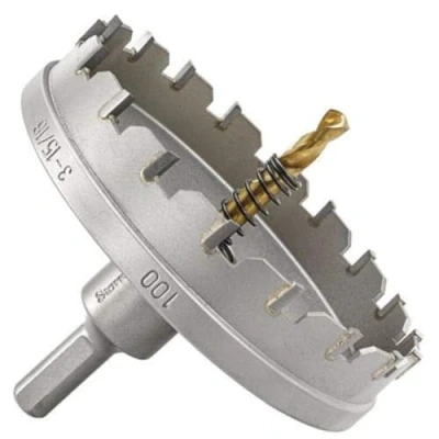 Abbildung von Starrett Hartmetall bestückte Lochsäge SM100 Blechschneider mit Aufnahme und Zentrierbohrer zum Bohren von Edelstahl Aluminiumlegierungen 100 mm