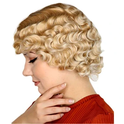 Abbildung von Prettyland blond Damen Kurzhaar Perücke mit Locken Retro Welle Seitenscheitel hell gesträhnt C065