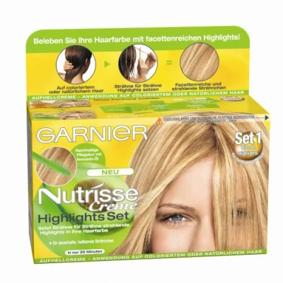 Abbildung von Garnier Strähnchen Set, Creme Highlights Set 1 für helle Strähnchen, Strähnen zum selber machen hellblondes Haar (mit Avocado Öl), Nutrisse, Blond, 3 Stück