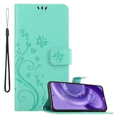 Abbildung von Cadorabo Hülle kompatibel mit Motorola Edge 30 NEO Blumen Design aus Premium Kunst Leder Flip Klappbare Stoßfeste Magnetische [Standfunktion] [Kartenfächern] Cover Case Tasche in Türkis