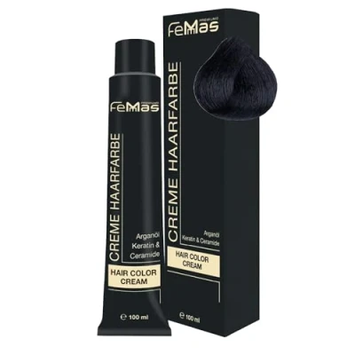 Abbildung von FemMas Haarfarbe Schwarz 1 I Professionelle Creme mit Arganöl, Keratin &amp; Ceramiden Als dauerhafte Haarfärbung oder Tönung für strahlende, haltbare Farbergebnisse 100 ml