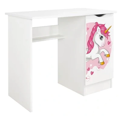 Abbildung von Leomark Weiß Kinderschreibtisch Roma Gemütlich Schreibtisch für Kinder mit Regal, Computertisch, Möbel Kinderzimmer, Höhe: 77 cm, UV Druck: rosa Einhorn