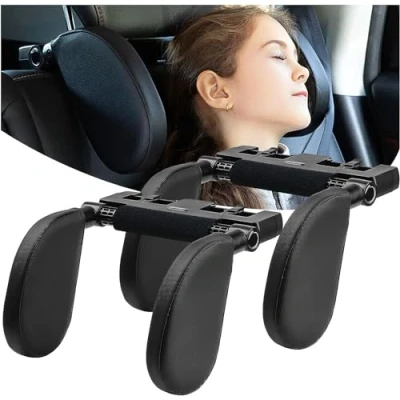 Abbildung von Kopfstütze Auto Kinder,Weichem Gedächtnisschaum,Einziehbare Abnehmbare Nackenstütze Autositz Seitliches Kopfstützkissen für Kinder Erwachsene,180Einstellbar zum Schlafen (Schwarzx2)
