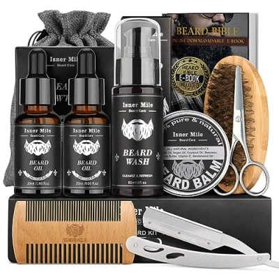 Abbildung von Aufgerüstet Bartpflege Set für Männer Bart Wachstum Pflege &amp; Trimmen mit Haarspülung Bartöl, Balsam Butter Wachs, Bartbürste, Kamm, Schere, Beste Perfekte Geschenk