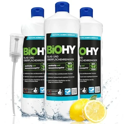 Abbildung von BiOHY Glas und Oberflächenreiniger (3 x 1 Liter) + Dosierer Glasreiniger Konzentrat für streifenfreien Glanz ergiebiger &amp; Kunststoffreiniger Fettlöser Kalkreiniger