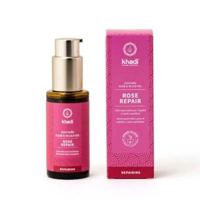 Abbildung von Khadi ROSE REPAIR Haaröl, Intensiv Kur &amp; Regeneration für strukturgeschädigtes, trockenes Haar Spliss, 100% pflanzlich vegan, silikonfrei, Ayurvedische Haarpflege, Naturkosmetik 50ml