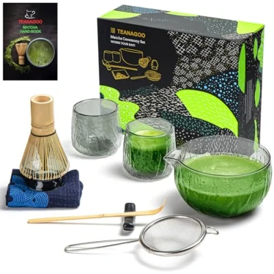 Abbildung von TEANAGOO Matcha Set Schneebesen Schale mit Ausgießer Schaufel Halter Teezubereitungsset. Japanisches Tee (7 Stück) + 2 Tassen (5,6 oz), S22, dunkelgraues Glas