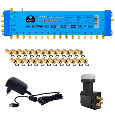 Abbildung von Hochwertiger Quattro LNB + Multischalter pmse 5/16 HB DIGITAL 1x SAT bis 16 x Teilnehmer/Receiver für Full HDTV 3D 4K UHD mit Netzteil 40 Vergoldete F Stecker Gratis dazu