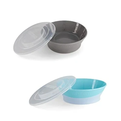 Abbildung von Twistshake 2x Babyschüssel mit luftdichtem Deckel BPA Frei Essenstrainingsteller für Kinder Essensschüssel Müslischale Grau Blau