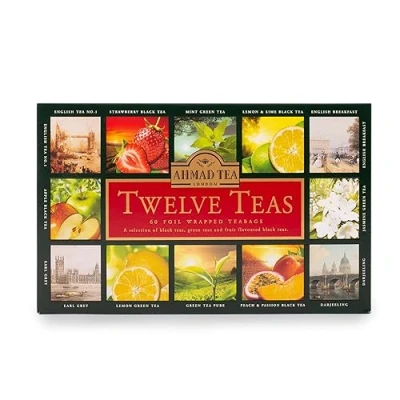 Abbildung von Ahmad Tea Twelve Teas Sortiment aus 12 Sorten Schwarztee und Grüntee mit verschiedenen Geschmackssorten 60 Einzeln Verpackte, Aromaversiegelte Teebeutel Band, 120g Tee