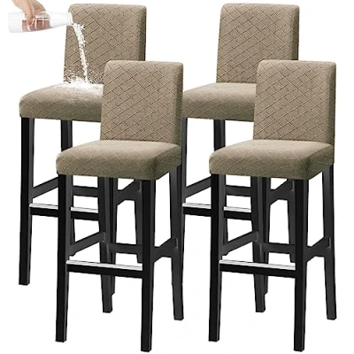 Abbildung von KELUINA Bar Stuhl Hocker Abdeckungen, Stretch Abnehmbare Waschbare Slipcover für Kurze Dreh Dinning Rücken (Taupe,4er Set)