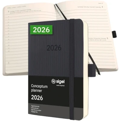 Abbildung von SIGEL C2621 Terminplaner Tageskalender 2026, ca. A6, schwarz, Softcover, 400 Seiten, Gummiband, Stiftschlaufe, Archivtasche, aus nachhaltigem Papier, Kalenderbuch Conceptum