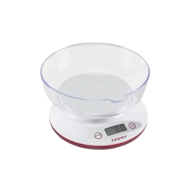 Abbildung von BEPER BP.802 Digitale Küchenwaage, abnehmbare transparente Schüssel, feste und flüssige Lebensmittel, hochpräziser Sensor, bis zu 5 kg, LCD Display, Gramm Libre Einheit, Weiß/Rot