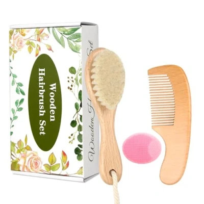 Abbildung von Baby Holzbürste und Kamm Set, 3er Set Weiche Ziegenhaarbürste mit Find Zahnkamm Wiegenkappenbürste für Neugeborene Kleinkinder Jungen Mädchen (Rosa)
