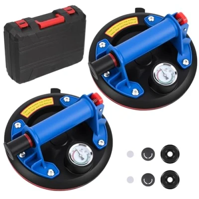 Abbildung von Gaethra 2er Set 8&quot; Saugheber mit Manometer, Glassauger Tragkraft Max. 200KG, Vakuum Fliesenheber Tragbarer Werkzeugkasten, für Glas, Fliesen, Marmor, Blau