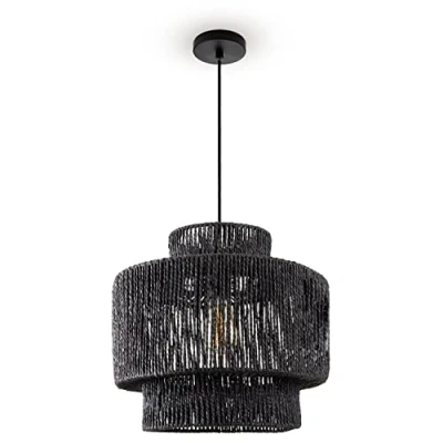 Abbildung von Paco Home Pendelleuchte Hugo Lupita, ohne Leuchtmittel, Wohnzimmer Esszimmer Rattan Optik Boho Lampenschirm Papier