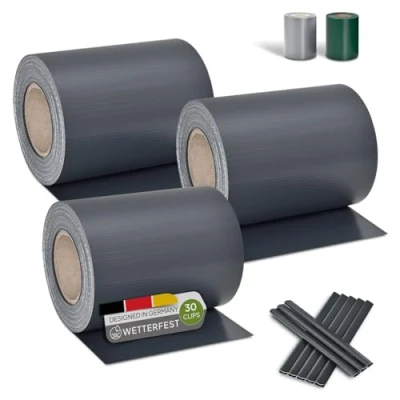 Abbildung von Juskys PVC Sichtschutzstreifen Doppelstabmatten Zaun 3er Set 3 Rollen á 35m x 19cm 90 Befestigungsclips Zaunfolie Sichtschutz Windschutz anthrazit