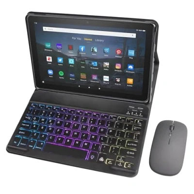 Abbildung von HLTOOP Tastatur Hülle für Amazon Fire HD 10 Tablet (13. Generation, Version 2023), 7 Farbige Regenbogen Hintergrundbeleuchtung, Abnehmbare Bluetooth Mit Maus