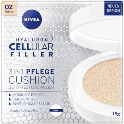 Abbildung von Nivea Make up Hyaluron Cellular Filler 3in1 Pflege Cushion Fluid Schwamm, Kollagen Booster, feuchtigkeitsspendende Foundation, 02 Mittel