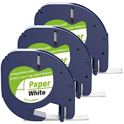 Abbildung von 3 x Etikettenband, kompatibel mit Dymo Letratag 12 mm 4 m, Etikettiergerät, schwarzer Druck auf weißem Etikettierpapier, funktioniert für XR LT 100H /