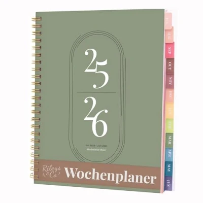 Abbildung von Rileys &amp; Co Wochenplaner 2025, Hausaufgabenheft, Schulplaner Kalender 2025 2026 Juli 2025Juni Terminplaner, Notizen, Doppeldraht, 20 x 15 cm Planner, (Grün, auf Deutsch)