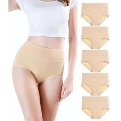 Abbildung von wirarpa Damen Unterhosen Baumwolle Slips Hoher Taille Atmungsaktive Taillenslip Wochenbett Unterwäsche Mehrpack Größen 32 58, Beige 5er Pack, Medium (38/40)