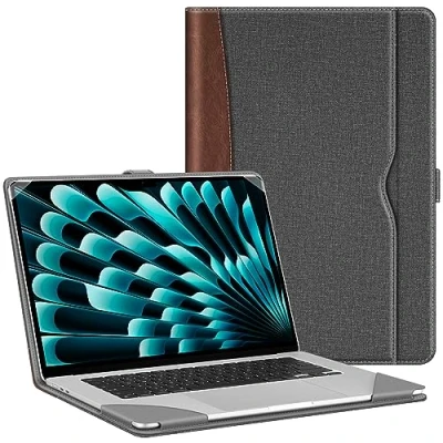 Abbildung von Fintie Hülle Kompatibel mit MacBook Air 15 M3 M2 Chip (2024 2023) A3114 A2941, Hochwertiges Kunstleder Sleeve Folio Schutzhülle 15,3 Zoll, Grau
