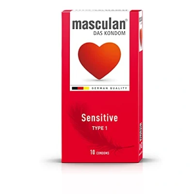 Abbildung von Masculan Kondome Typ 1 (sensitive) Packung mit, 10 St., gefühlsechte Qualitätskondome für intensive Nähe, zarte rosa sinnliche Momente