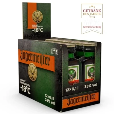 Abbildung von Jägermeister 12 x 0,1 l Premium Kräuterlikör 35% Vol. 56 erlesene Kräuter Kalt mazeriertes Elixier Im Eichenfass gelagert Das Original aus Wolfenbüttel