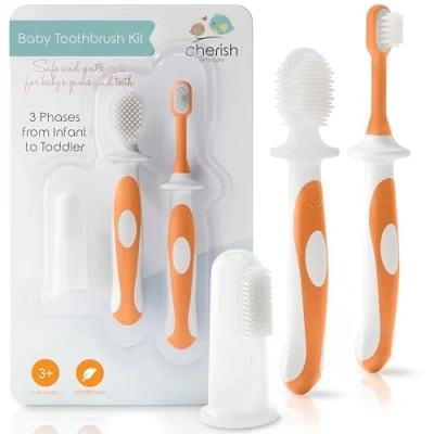 Abbildung von Cherish Baby Care Zahnbürsten Set (3 24 Monate) Sicherheitsgeprüfte &amp; BPA freie Fingerzahnbürste Baby, Zahnbürste Kleinkind Komplettes (orange)