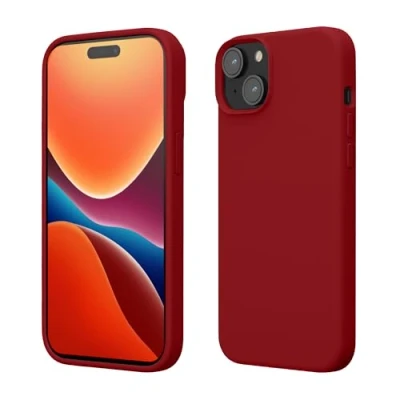 Abbildung von kwmobile Hülle für das iPhone 15 Silikon Handy Case stoßfeste Handyhülle mit weicher Oberfläche Rhabarber Rot