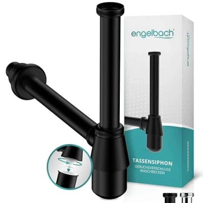 Abbildung von Engelbach® Siphon Waschbecken mit Reinigungsöffnung Universal Tassensiphon 1 1/4 Abflussrohr, Röhrensiphon, Sifon inkl. Gummimanschette und Anleitung