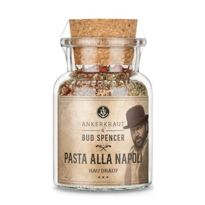 Abbildung von Ankerkraut Pasta alla Napoli, Bud Spencer Edition, Mischung würzender Zutaten für Pasta, mit Tomatenchips, Meersalz, Knoblauch, Basilikum, Oregano und Pfeffer, 95 g im Korkenglas