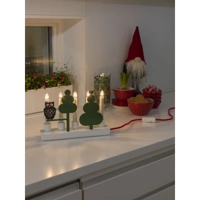 Abbildung von KONSTSMIDE Fensterleuchter &quot;Weihnachtsdeko&quot;, 5 flammig, Leuchtmittel E10 wechselbar, Holzleuchter, weiß lackiert, mit farbiger Metalldekorationen Eule
