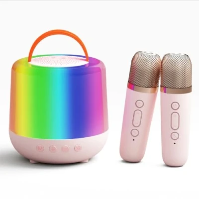 Abbildung von Karaoke Maschine Kinder, Mini mit Mikrofon Anlage 2 Mikrofonen für MäDchen Jungen, Tragbares Bluetooth Lautsprecher Licht &amp; (Rosa)