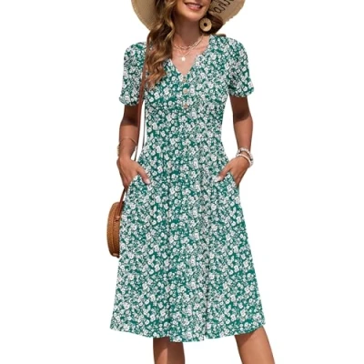 Abbildung von AUSELILY Damen Kurzarm Sommerkeider Knielange Sommer Kleider V Ausschnitt mit Knöpfen Empire Midikleid Taschen Grüne Blume XXL
