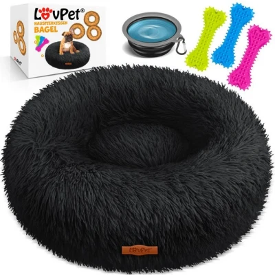 Abbildung von Lovpet® Hundebett Hundekissen Katzenbett Bagel, Waschbar, Inkl. Napf + 3X Kauknochen, Hundesofa flauschig Kissen Rund aus Plüsch für Kleine, Mittelgroße &amp; Große Hunde, Katzen [L, Ø 60cm Schwarz]